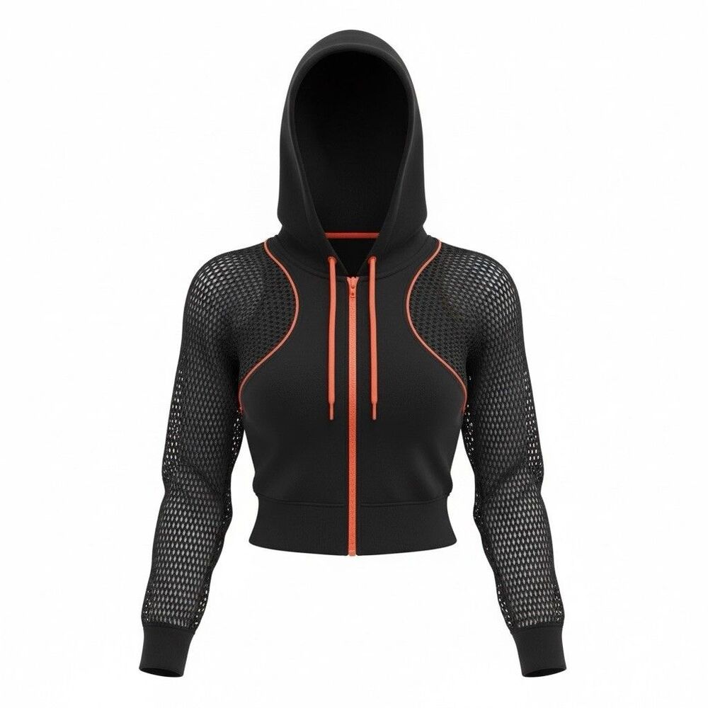 Good American Mesh Cropped Hoodie Womens 0 Black Red Trim Full Zip Athleisure